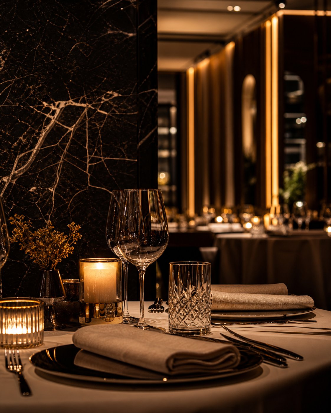 Elegant candlelit fine dining table with crystal glassware