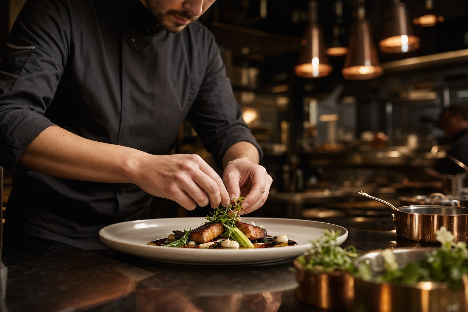 Chef plating a fine dining dish in a high-end kitchen
