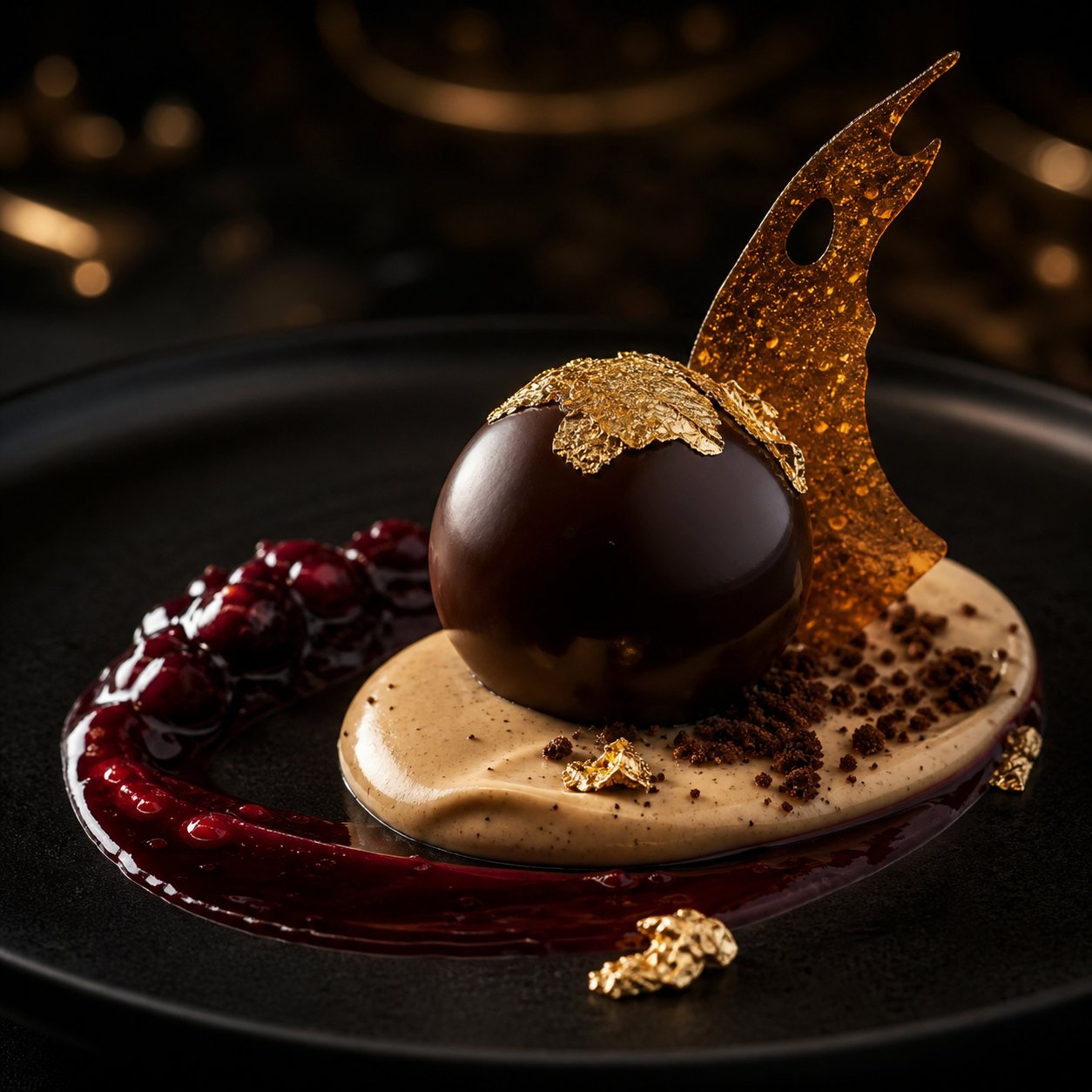 Dark chocolate dessert with gold leaf and berry reduction