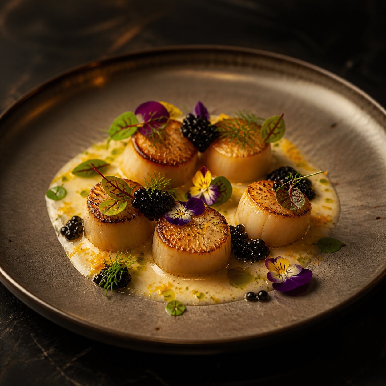 Seared scallops with caviar and citrus beurre blanc