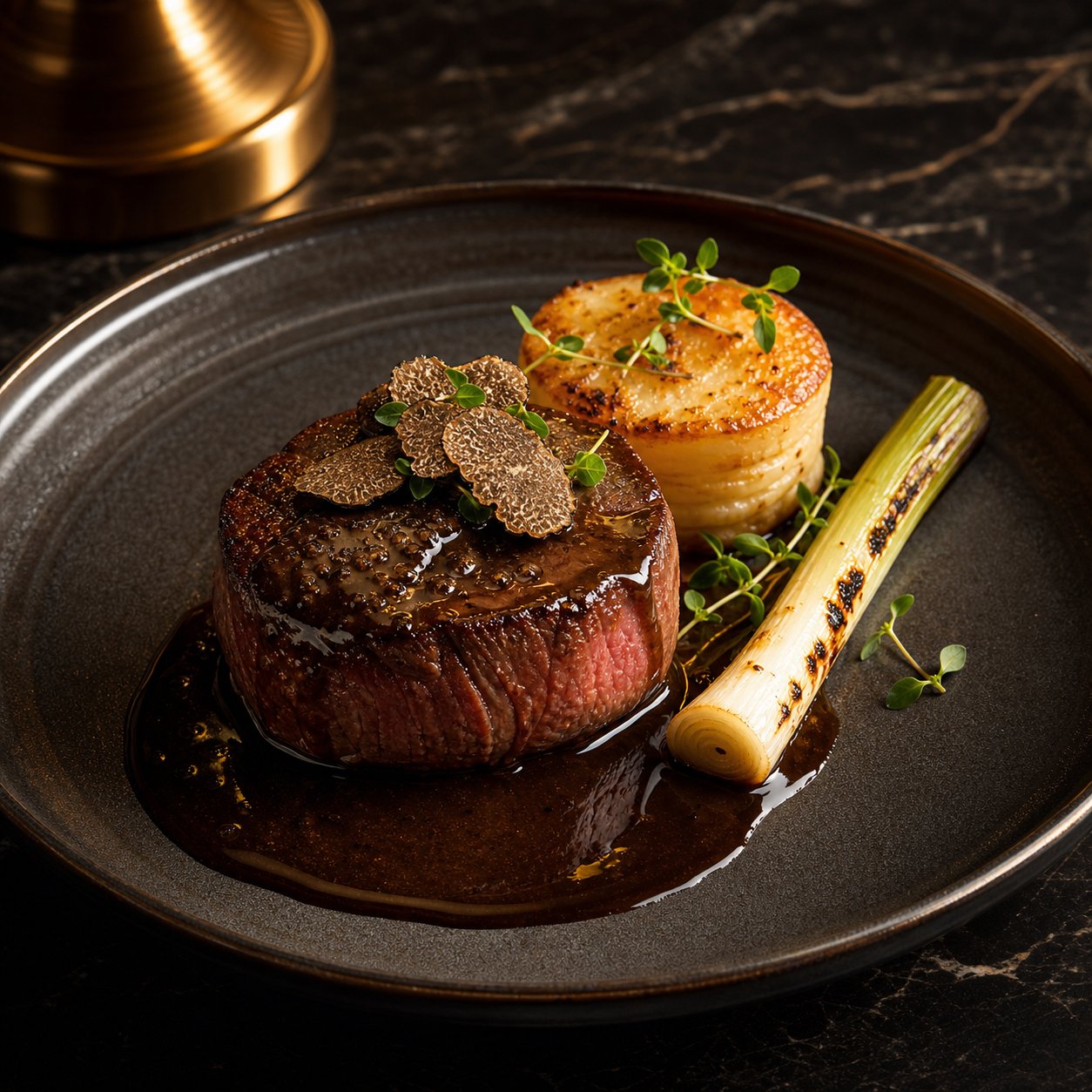 Wagyu beef medallion with truffle jus and charred leek
