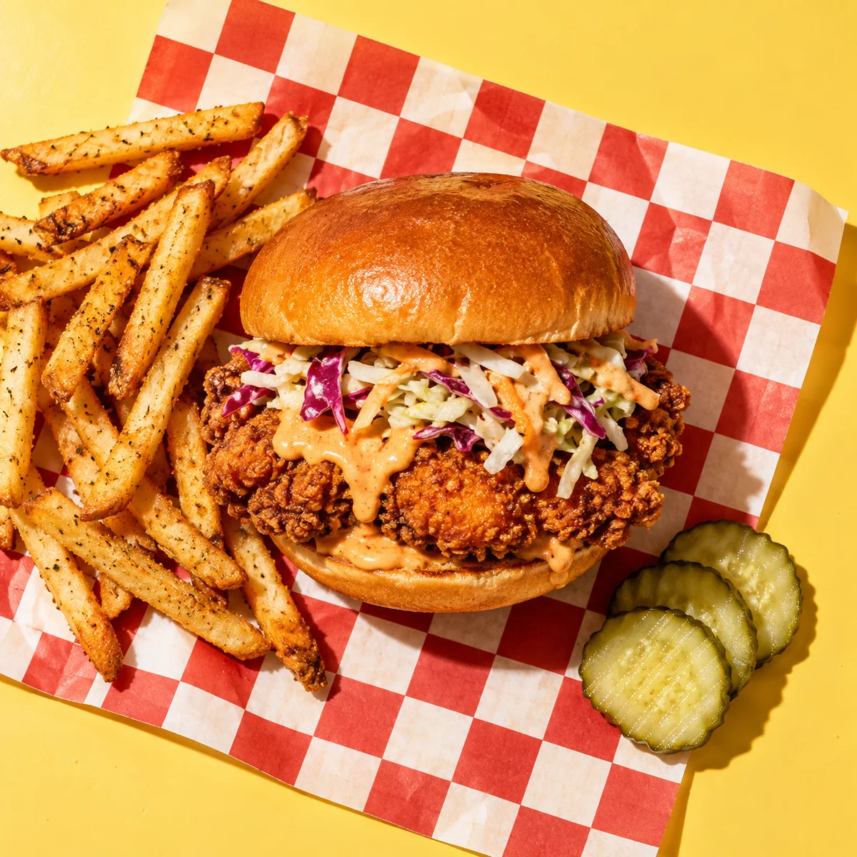 Crispy chicken sandwich with slaw and fries