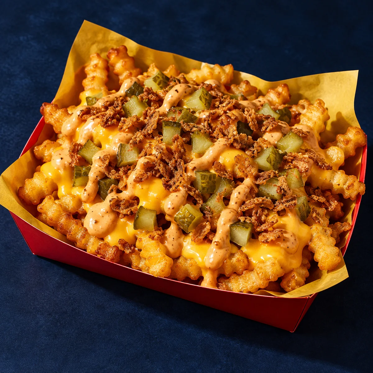Loaded fries with cheese, pickles and crispy onions