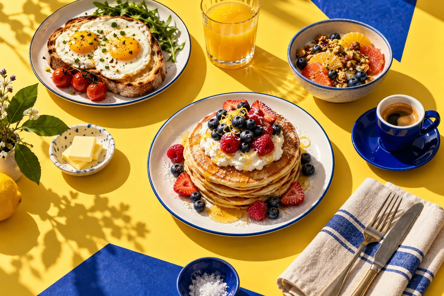 Colourful breakfast spread with pancakes, eggs, granola and coffee